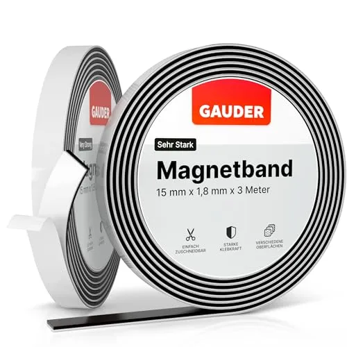 GAUDER Magnetband selbstklebend stark - Magnetstreifen mit Schaumstoff-Kleber für unebene Untergründe - Zuschneidbares Magnetklebeband mit hoher Haftkraft - Optimierte Magnetkraft (3 m x 15 mm)