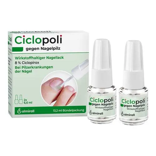 Ciclopoli Gegen Nagelpilz 13,2 ml - Effektiver Nagellack - Arzneimittel gegen Nagelpilz, rezeptfrei erhältlich. Der wirkstoffhaltige Nagellack von ALMIRALL HERMAL GmbH bietet eine einfache Anwendung und gezielte Wirkung für gesunde Nägel.