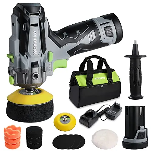 WORKPRO Mini Poliermaschine 12V mit 2 Akkus und 7500RPM - Kompakte Mini-Poliermaschine mit variabler Geschwindigkeitskontrolle für effizientes Polieren und Wachsen. Ideal für enge Räume und vielseitige Anwendungen – inklusive 2 Akkus für langen Einsatz.