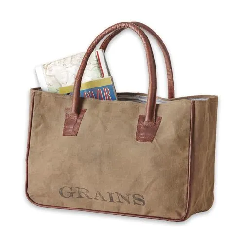 Loberon Tasche Grains, mit Vintage-Print, im Angesagten Used-Look, Modischer Shopper, Handtasche, Henkeltasche, Accessoire, Baumwolle, Ziegenleder, khaki
