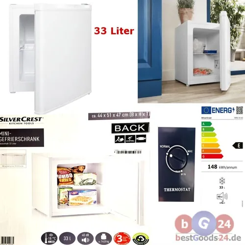 Silvercrest Minigefrierschrank 33L - Leise und kompakt - Mini-Kühlschrank mit 33L Kapazität, ideal für kleine Räume. Besonders leise mit nur 40 dB und energieeffizient (148 kWh/Jahr). Perfekt für die Kühlung von Lebensmitteln.