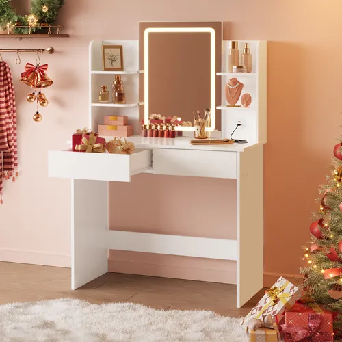 WOLTU Schminktisch mit LED-Beleuchtung und 2 Schubladen - Schminktisch in elegantem Weiß, ausgestattet mit LED-Beleuchtung und praktischen Schubladen für optimalen Stauraum. Ideal für Erwachsene, freistehend und modern.