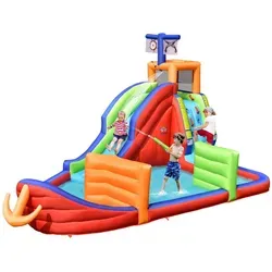 Costway Hüpfburg im Piratenstil - Outdoor Spielzeug für Wasserpartys, mit Kletterwand, Rutsche und großem Pool, sorgt für stundenlangen Spielspaß und Sicherheit durch hochwertiges Material.