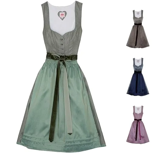 Spieth & Wensky Dirndl Deich – Elegantes 2-teiliges Trachtenkleid in Grün, Größe 42/XL - Freizeitkleider für Damen – Das taillierte A-Linien-Dirndl mit Midi-Länge und geometrischem Muster zaubert eine tolle Figur und bietet zeitlose Eleganz durch die glänzende Schürze und Samtschleife.