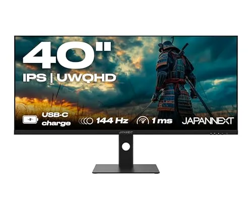 JapanNext 40“ Gaming Monitor - 144Hz, 1ms IPS UWQHD - Ultrawide Gaming Monitor mit 40 Zoll, 144Hz und 1ms Reaktionszeit für flüssiges Gameplay. Integrierte Lautsprecher und USB-C Aufladung für maximalen Komfort.