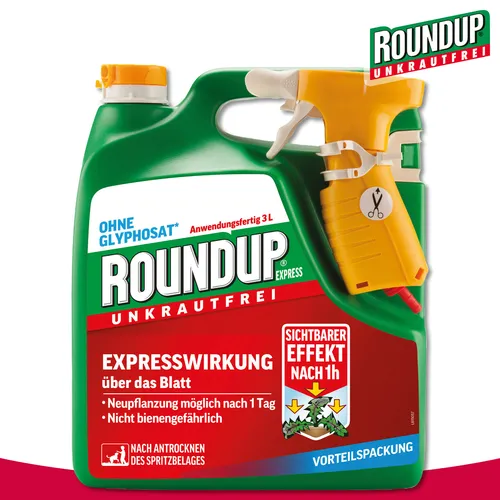 Roundup Unkrautfrei Express 3L - Schnelle Unkrautbekämpfung - Dünger - Anwendungsfertiges Spray mit Expresswirkung gegen Unkräuter und Moos, sichtbare Ergebnisse nach nur 1 Stunde. Ideal für Wege, Plätze und Garten.