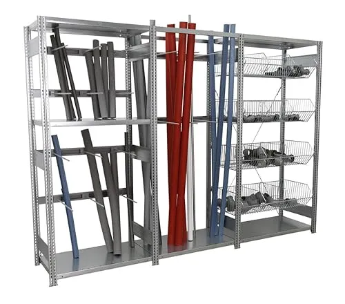 Regalwerk BERT Handwerkerregal 2000x2755x500 mm - Robustes Komplettregal für Handwerker mit 4 Gitterkörben und 5 Stahlfachböden. Ideal für eine optimale Organisation und sicheren Stauraum bei einem Gesamtgewicht von bis zu 150 kg pro Fach.