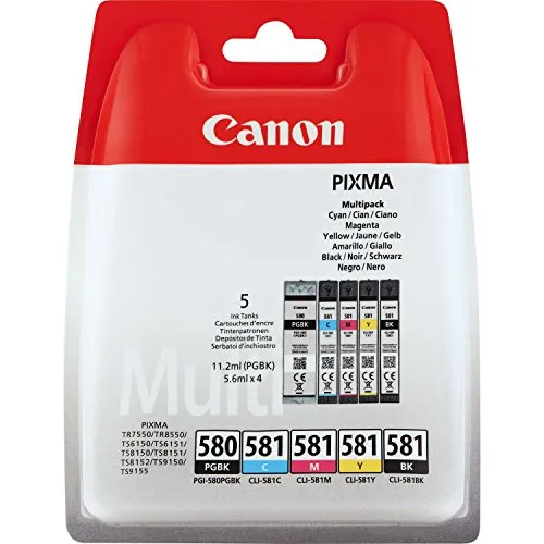 Canon Original PGI-580 PGBK, CLI-581 - Tintenpatrone Schwarz (5 Stück), kompatibel mit PIXMA TR und TS Serien für brillante Druckergebnisse
