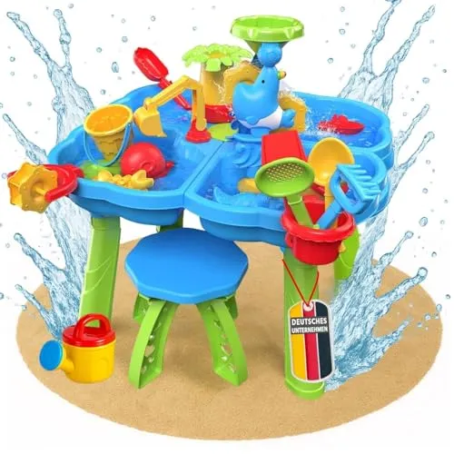 Sand- und Wasserspieltisch NARIUS M, 4 separate Wasserbecken, 1 Hocker, Wassertisch Kinder Outdoor für Wasserspiele draußen, Balkon und Garten, Matschtisch mit Sandkastenspielzeug, Eimer, Schaufel