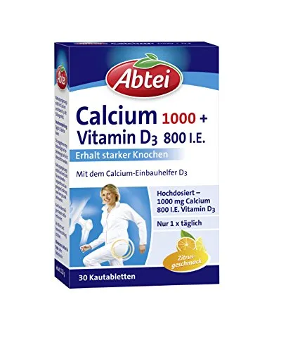 Abtei Calcium 1000 + D3 - Für den Erhalt starker Knochen - Hochdosiert - Glutenfrei, laktosefrei, für Vegetarier geeignet - Mit Zitronengeschmack - 30 Tabletten
