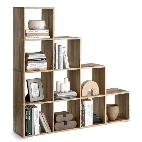 VASAGLE Bücherregal, Raumteiler und Stufenregal in Kamelbraun - Bücherschrank mit viel Stauraum, ideal als Raumteiler und dekoratives Element für Ihr Zuhause.
