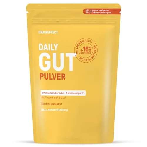 BRAINEFFECT DAILY GUT – Probiotisches Getränkepulver mit 16 Mrd. lebenden Bakterien & 7 g Ballaststoffen pro Portion, mit Vitamin B1, B2, B6 & B12, Neutraler Geschmack – 240 g