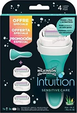 Wilkinson Sword Intuition 2 in 1 Sensitive Care Ersatzklingen, 3 Stück - Ersatzklingen für den Wilkinson Sword Intuition 2 in 1 Sensitive Care Rasierer. Für eine sanfte und präzise Rasur, die sich an Ihre Körperkonturen anpasst und für ein glattes Hautgefühl sorgt.