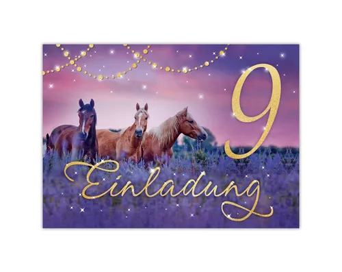 JUNAPACK Einladungskarten Pferd Einladungen zum Kindergeburtstag Fohlen lila Mädchen, Einladungskarten zum 9. Geburtstag mit Pferd Motiv