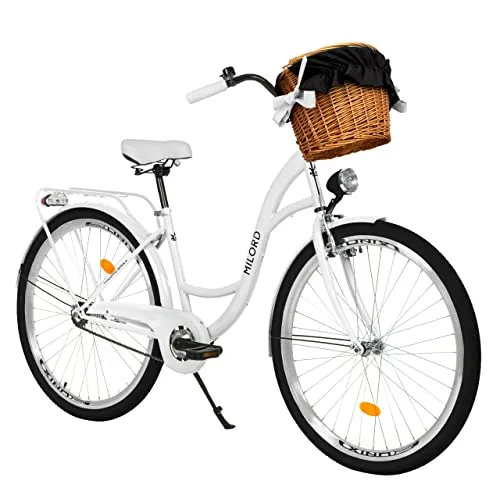 MILORD Damenfahrrad Citybike Komfort mit Weidenkorb, 26/28 Zoll, 1-Gang (Weiß, 26 Zoll) - Hochwertiges Citybike mit robustem Stahlrahmen, ideal für Pendler und Freizeitfahrten. 90% vormontiert, inklusive Werkzeug für schnelle Anpassungen. Genießen Sie Komfort und Sicherheit im urbanen Raum!