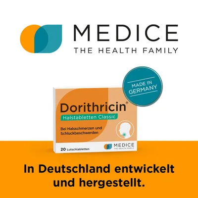 Dorithricin Classic Lutschtabletten bei Halsschmerzen - Arzneimittel zur schnellen Linderung von Halsschmerzen, antibakteriell und antiviral. Gut verträglich, auch für Kinder ab 2 Jahren geeignet.