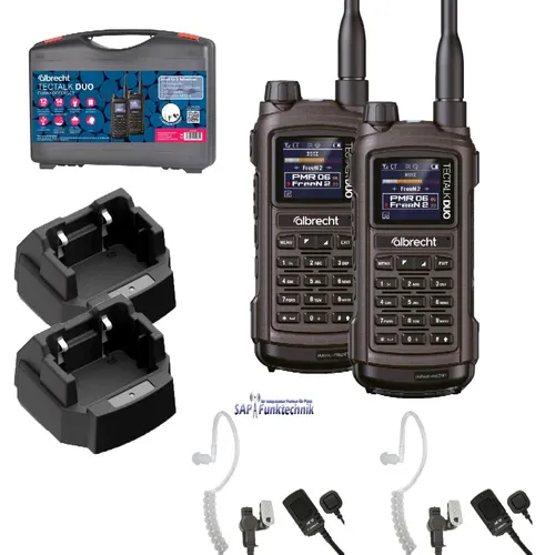 Albrecht Tectalk Duo 2er Kofferset - PMR446 & Freenet - CB-Funkgeräte mit bis zu 12 km Reichweite, ideal für Outdoor-Abenteuer. Inkl. Standlader, VOX Freisprechfunktion und IP56 Schutz gegen Regen.