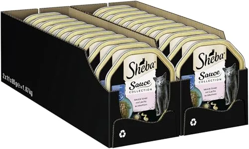 SHEBA Schale Nassfutter Sauce Lover mit Lachs, 2 x 11 x 85g - Hochwertiges Katzennassfutter in herzhafter Sauce. Natürliche Zutaten, ohne künstliche Farb- oder Konservierungsstoffe. Praktische, leicht zu öffnende Schalen für eine ausgewogene Ernährung deiner Katze.