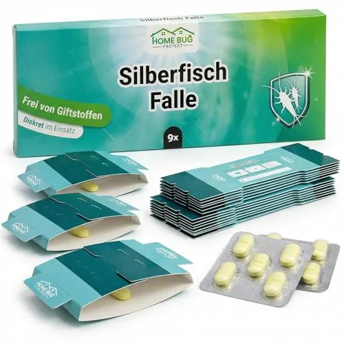 HomeBugProtect Silberfischfalle [9 Stück] - 100% giftfreie Monitoring-Klebefalle - Papierfisch-Falle für die Wohnung zur Befallsermittlung - Für Haushalte mit Kindern & Haustieren geeignet
