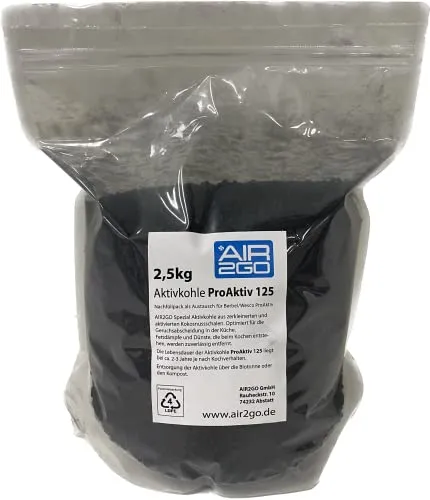 AIR2GO Nachfüllpack Aktivkohle - Ersatz für Berbel/Wesco Pro Aktiv 125 - Dunstabzugshaubenfilter mit 2,5 kg Aktivkohle aus Kokosnussschalen für effektive Geruchsfiltration und langanhaltende Reinigungsleistung.