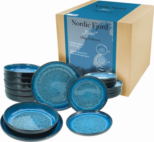 CreaTable Tellerset 18-tlg in Nordic Fjord Blue - Kombiservices: Edles 18-teiliges Steinzeug-Service mit skandinavischem Design, spülmaschinen- und mikrowellengeeignet, jedes Stück ist ein Unikat durch reaktive Glasur.