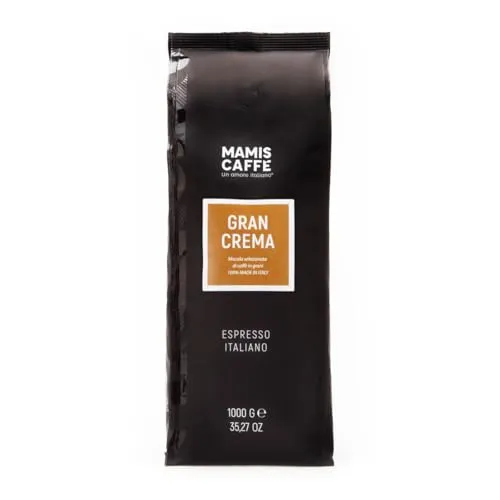 Mamis Caffe Gran Crema 1kg Bohnen - Hochwertige Kaffeebohnen für Espresso, mit blumigen und schokoladigen Noten, niedriger Säuregehalt und ideal für Kaffeeliebhaber.