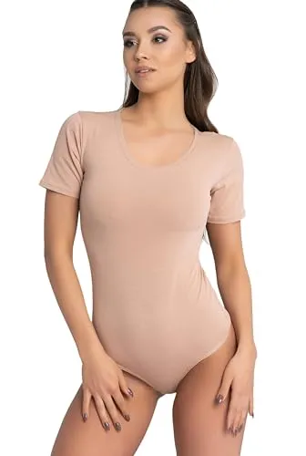 Evoni Damen Body kurzarm l Stringbody aus Baumwolle mit Rundhals l Kurzarmbody für Frauen l Tanga Bodysuit l String Body M hellbraun