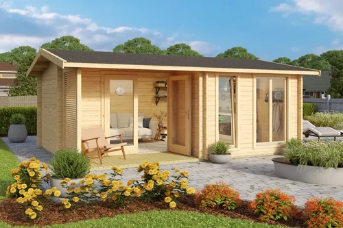Gartenhaus Blockhaus Holzhaus BRIGHTON 44 - 540x390cm mit Fußboden - Modernes Gartenhaus aus 44 mm Blockbohlen mit abschließbarer Doppeltür, inklusive Fußboden und einfacher Montage - ideal für den Garten.