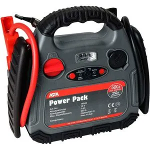 APA Starthilfegerät Power Pack 16540, 12V, 500A - 3-in-1 Starthilfegerät, Kompressor und Lampe mit 500A Spitzenstrom. Ideal für Auto, Boot und Motorrad. Ausgestattet mit Ladezustandsanzeige und Sicherheitsfunktionen.