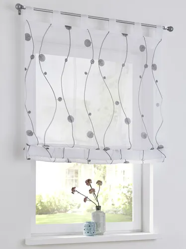 Kutti Raffrollo Nelly, modern bestickt in Grau/Weiß, 60x140 cm - Rollos mit Schlaufenaufhängung, transparentes Voile-Material sorgt für Lichtmilderung ohne Verdunkeln, ideal für stilvolle Fensterdekoration.