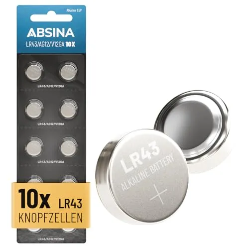 ABSINA 10x AG12 LR43 Batterien Knopfzellen - 1,5V Alkaline Knopfzellen LR43 auslaufsicher & mit Langer Haltbarkeit - LR 43/186 / LR1142 / L1142 / V12GA / GPA76 / RW84