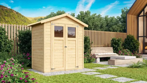 Karibu Gartenhaus Gerätehaus Dahme 0 naturbelassen 180x93x222 cm - Praktisches Gartenhaus aus hochwertiger nordischer Fichte. Mit einer Grundfläche von 1,51 m² und einer stabilen, vormontierten Tür bietet es optimalen Stauraum und Schutz für Ihre Gartengeräte.