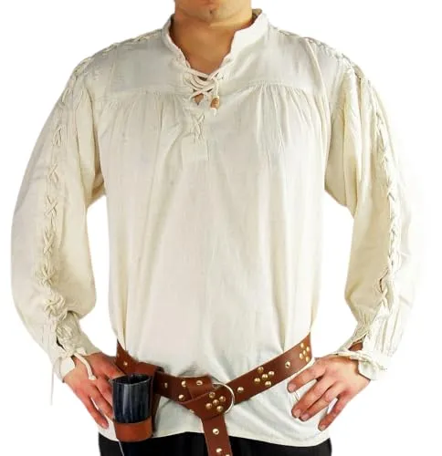 Leonardo Carbone® Mittelalter Hemd Julius mit Ärmelschnürung - Mittelalter Kleidung, Mittelalter Hemd Herren, LARP-Kleidung, Festival Outfit, Karneval Kostüm, Freizeithemden Langarm Natur XL