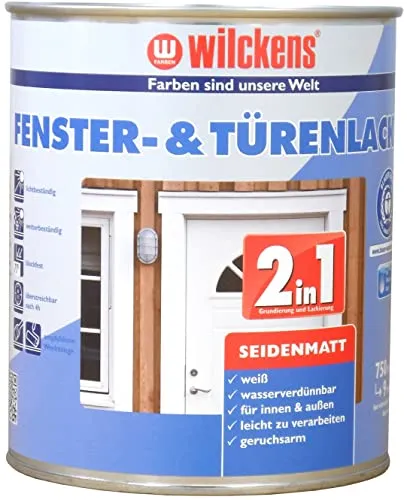 Wilckens Fenster- & Türenlack 2in1 seidenmatt, 750 ml, Weiß - Lacke für Fenster und Türen, 2in1 Grundierung und Lack, wasserverdünnbar und sehr gut deckend, ideal für Innen- und Außenanwendungen, schnelltrocknend und schadstoffarm.