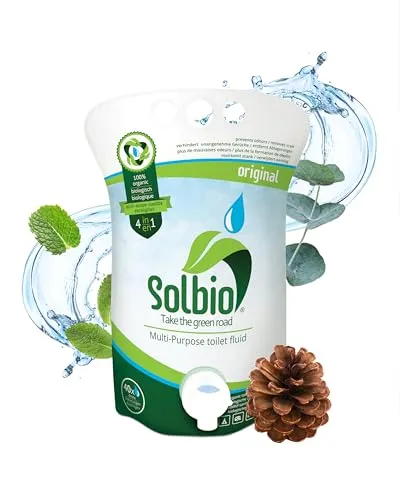 Solbio Original Sanitärflüssigkeit für Campingtoilette 1,6l - 100% Bio & Vegan - Camping & Outdoor - Biologisch abbaubarer Sanitärzusatz mit angenehmem Duft von Eukalyptus, Kiefer und Minze, der üble Gerüche vertreibt und Urin- sowie Kalkablagerungen verhindert.