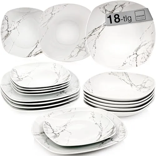 Sänger Tafelservice Bilgola Marmor Weiß – 18-teiliges Geschirrset für 6 Personen - Elegantes 18-teiliges Geschirrset aus hochwertigem Porzellan im modernen Marmor Design, ideal für Dinner mit Freunden und Familie. Perfekt für ein stilvolles 3-Gänge Menü.