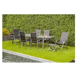 Gartenmöbel-Set Grenada 4, 9-teilig, Ausziehtisch, Klappsessel, Stapelstühle, Klapphocker, Textilene, Glas-Keramik-Tischplatte, anthrazit, für 8 Personen