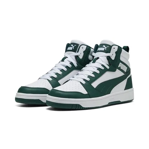 PUMA Unisex Rebound V6 Sneaker - Weiß-Dunkelgrün, 37 EU - Herren-Sneaker mit mittlerer Kragenhöhe, weichem Synthetik-Obermaterial und perforierten Details für optimalen Komfort und Stil.