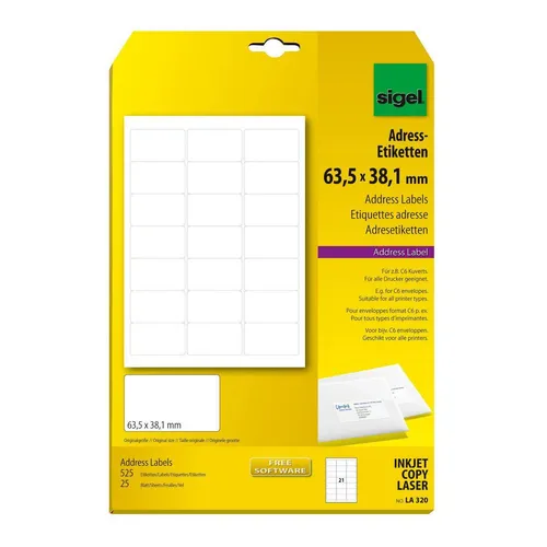 SIGEL abgerundete Adress-Etiketten - 63,5 x 38,1 mm, 525 Etiketten, für alle Drucker geeignet und optimale Geräteschonung