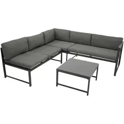 DEGAMO Funktions Eck-Loungeset Montana 192x188cm - Gartenmöbel mit verstellbarer Liegefunktion, wetterfestes Aluminiumgestell in dunkelgrau und bequemen, waschbaren grauen Polstern für maximalen Komfort im Freien.
