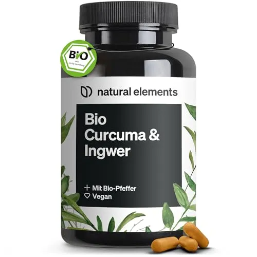 natural elements Bio Curcuma & Ingwer Kapseln – 180 hochdosierte Kapseln - Nahrungsergänzungsmittel mit Bio Kurkuma, Bio Ingwer & Bio Pfeffer, unterstützt die Gesundheit durch Curcumin & Piperin, vegan und laborgeprüft.