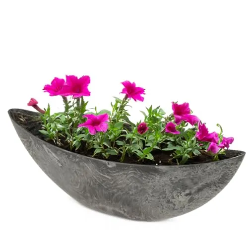 Ovale Pflanzschale für draußen - elegante Deko-Schale in schwarzer Stein-Optik - DEKORATIV: Stilvolle, ovale Pflanzschale in edler schwarz marmorierter Optik für kreative Garten- und Balkon-Dekorationen. WETTERFEST: Hergestellt aus robustem Kunststoff, witterungsbeständig und frostsicher für ganzjährige Nutzung.