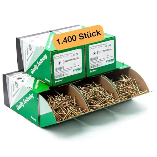 PARCO Schrauben- und Dübel-Set - 1400 Stück Torx-Antrieb - Schrauben-Dübel-Set mit 1400 Spanplattenschrauben, ideal für Möbelbau und Innenausbau. Mit Rostschutzbeschichtung für langlebige Verbindungen.