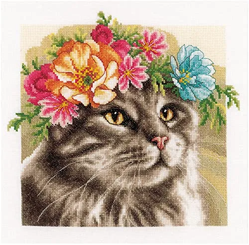 Lanarte Kreuzstich Stickpackungen Gezählter Kreuzstichbilder Set MAINE COON MIT BLUMENKRANZ Wanddekoration Handarbeit Set für Erwachsene 29 x 29 cm DIY Deko Bastelset Handwerker Kreative Geschenkset