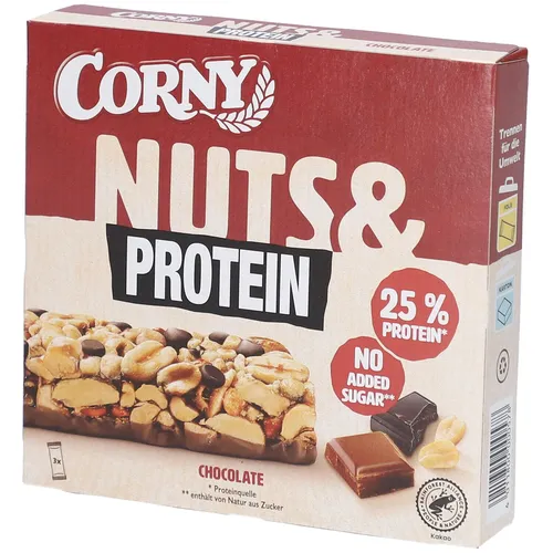 Corny Nuts & Protein Chocolate Riegel - Leckerer Sportriegel mit 25 % Eiweiß aus gerösteten Erdnüssen und Schokolade, perfekt für aktive Menschen und als Snack nach dem Sport. Genießen Sie die proteinreiche Energie ohne Zuckerzusatz!