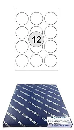 1.200 Etiketten 60 mm rund selbstklebend auf DIN A4 Bögen (3x4 Etiketten) - 100 Blatt Pack - Universell für Laser/Inkjet/Kopierer/Farblaser einsetzbar - 60mm Durchmesser 12-teilig