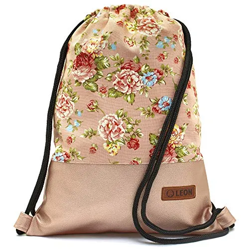 By Bers Leon großer Premium Turnbeutel mit Innentaschen Rucksack Tasche Damen Herren Teenager Gym Bag Draw String 45x34cm für Sport Reise Alltag Einkauf (rosarose_RosaPu)