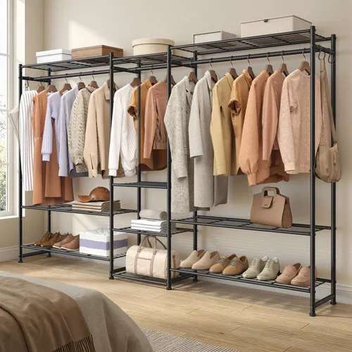 SONGMICS Kleiderständer - Offener Kleiderschrank mit Ablagen und Metallrahmen in Schwarz - Robuster Kleiderständer mit 3 hohen Kleiderstangen und 10 Ablagen für viel Stauraum. Das offene Design ermöglicht schnellen Zugriff auf Ihre Kleidung. Ideal für Schlafzimmer, Wohnzimmer und Eingangsbereiche.
