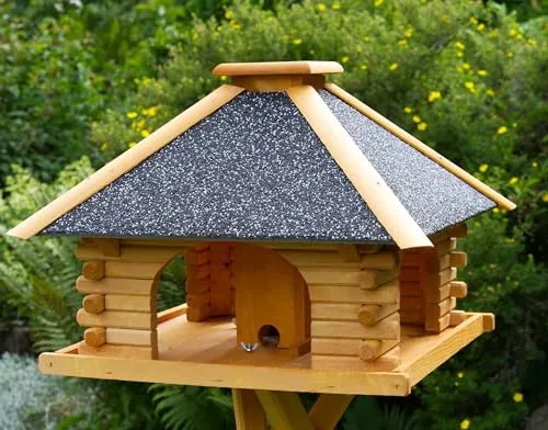 Deko-Shop-Hannusch Massives Futterhaus mit Strukturputz V20 - Vogelhaus mit abnehmbaren Schornstein, ideal für die Futterbefüllung von Wildvögeln