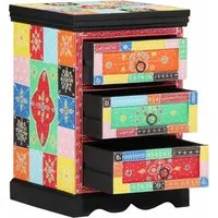 vidaXL Bunte Bohemian Kommode - Kommode & Sideboard mit 3 Stauraumeinheiten aus natürlichem Holz, lebhaftem geometrischen Design und kompakter Größe – ideal für kreative Deko-Fans.